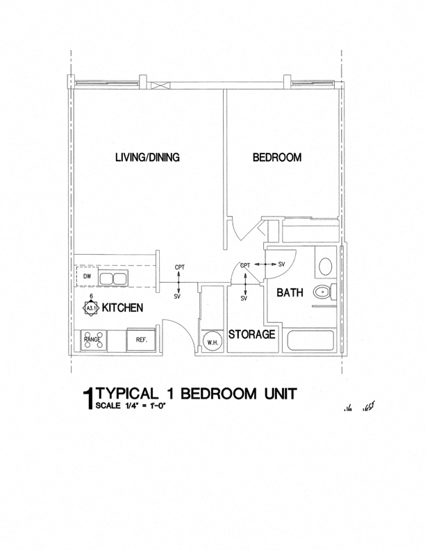 Floor plan for 1 bed, 1 bath, 625 sqft